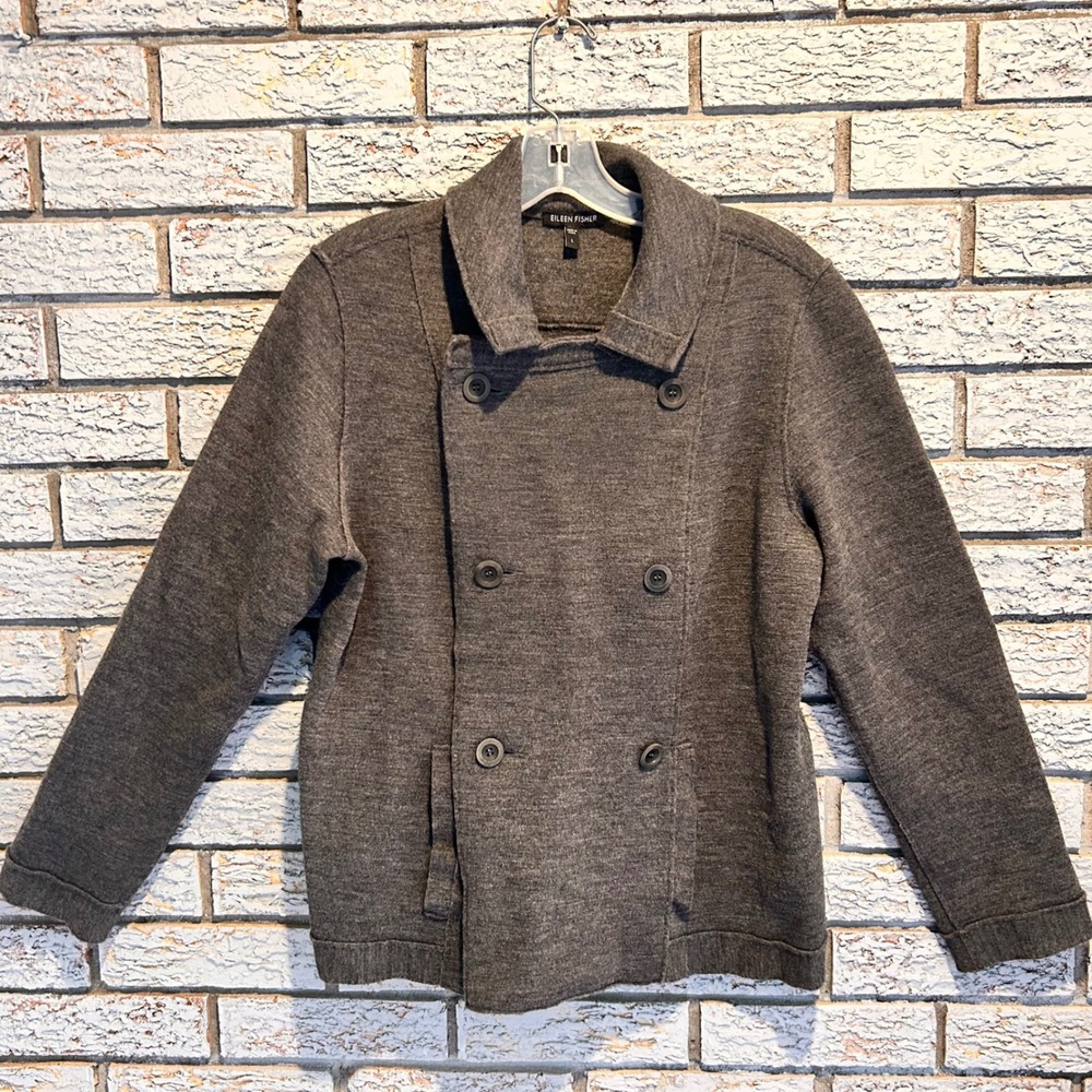 Eileen Fisher Merino Wool Blend Double Breasted Cardigan Jacket Gray Large